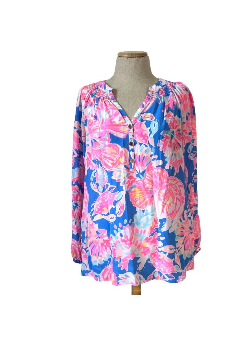 Lilly Pulitzer Women's Size M Print Smocked Neck Button-Front Silk Blouse Top